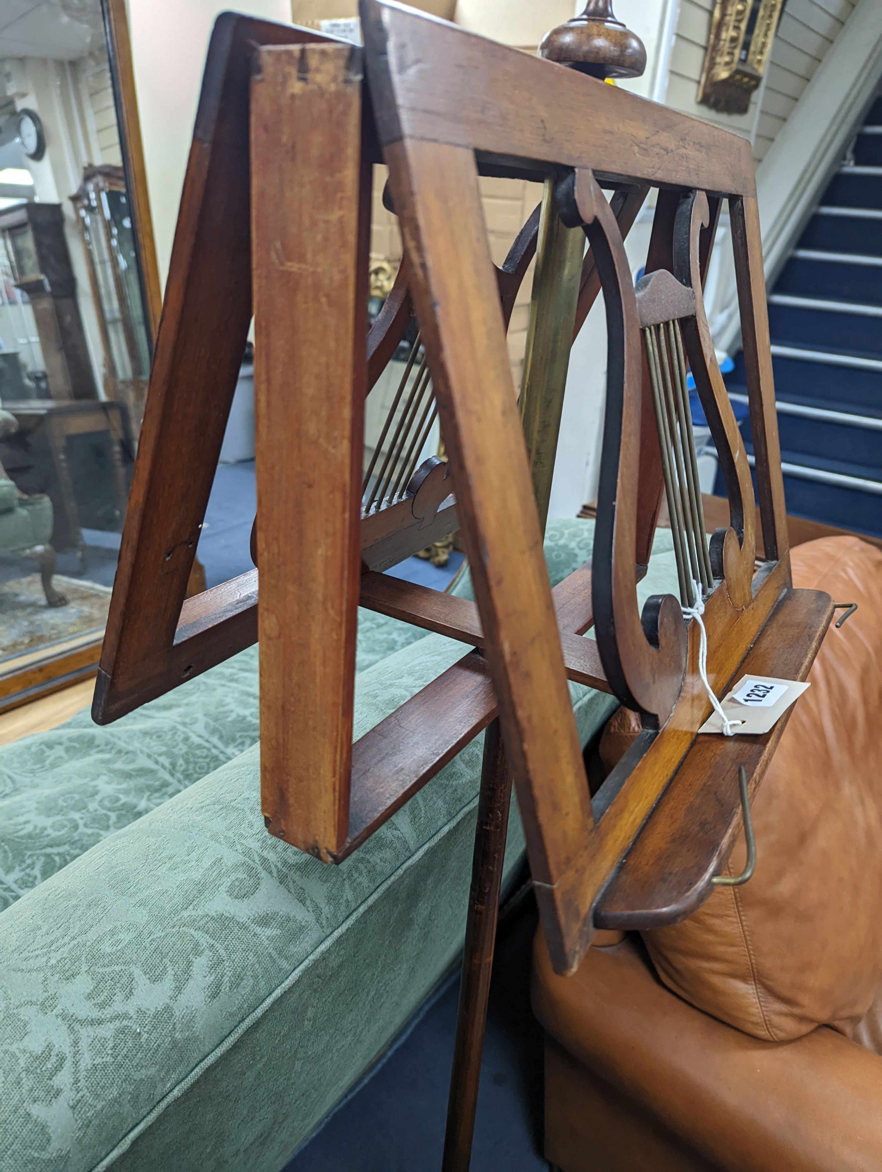 A Victorian mahogany tripod duet music stand, height 145cm